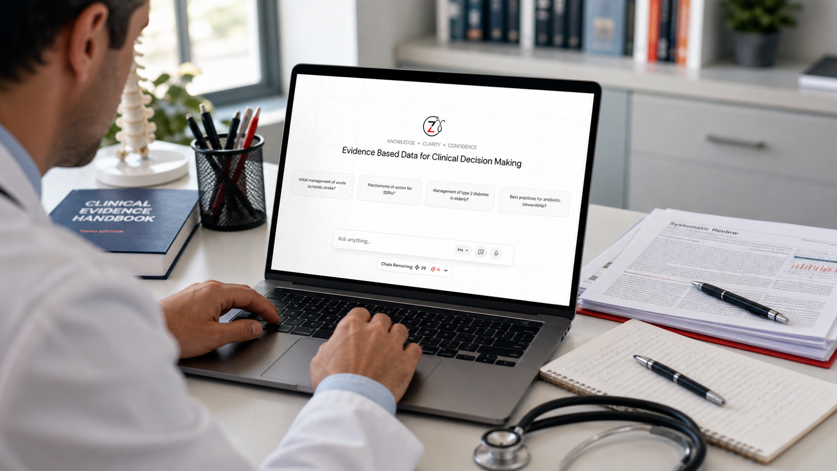ZoeMD evidence-based medical AI search interface for clinicians.