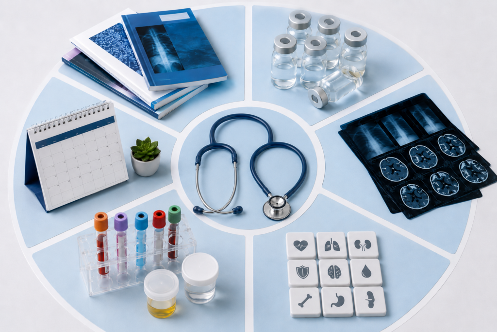 Descripción general de los elementos esenciales médicos (vista plana)