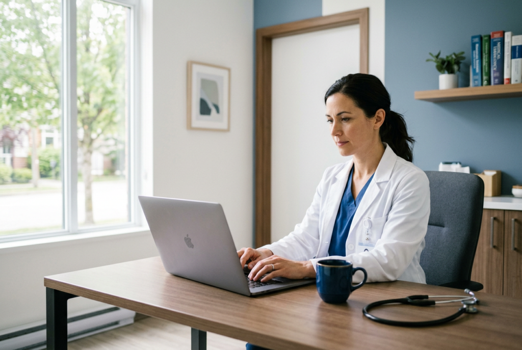 Primary care clinician working at a laptop in a clinic office
