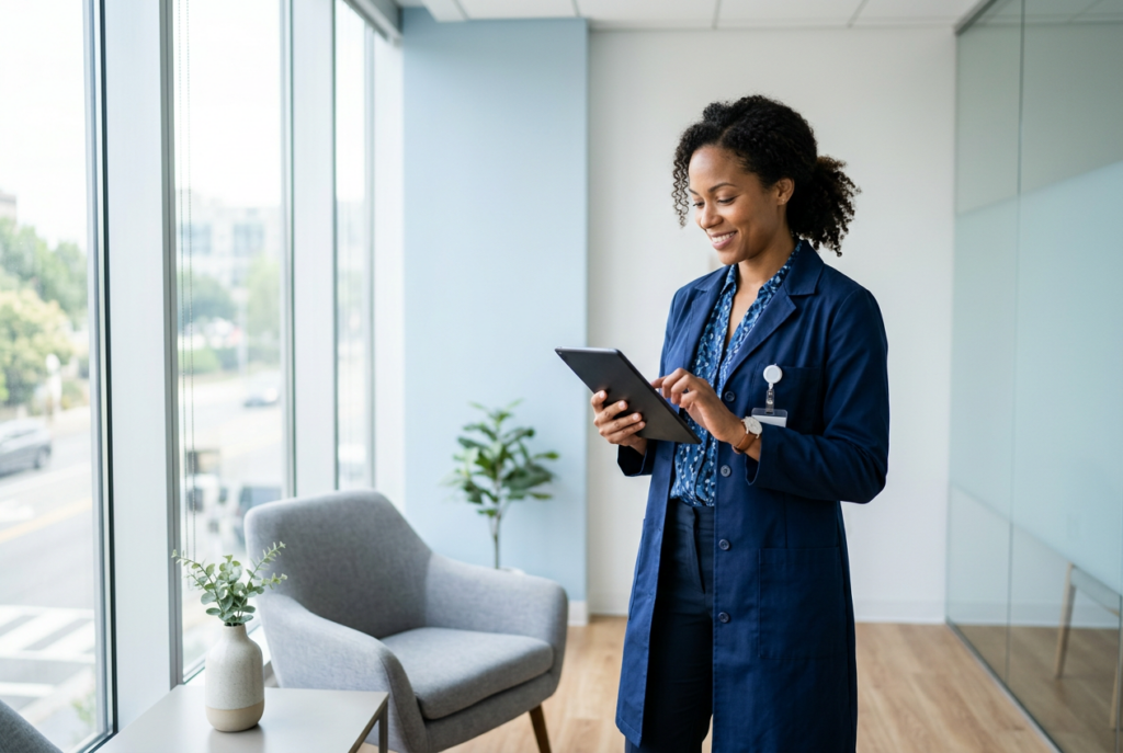 Primary care clinician using a tablet in a modern clinic
