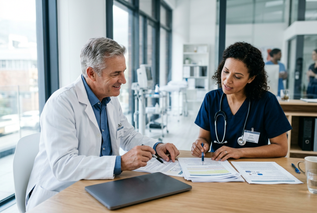 Primary care clinicians reviewing a care plan together